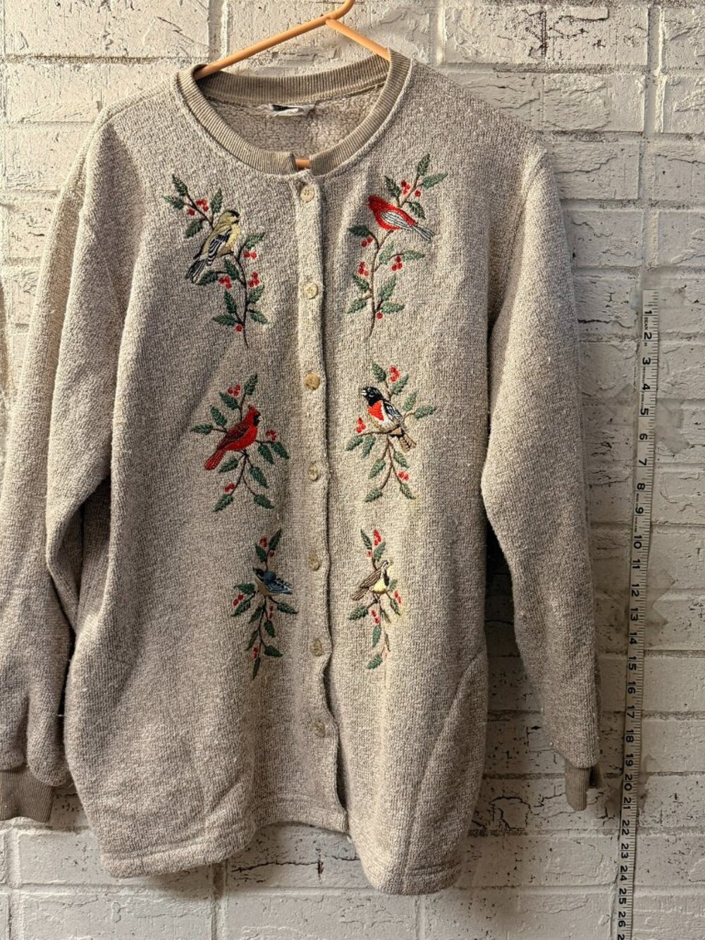 BonWorth Womens Christmas Bird Cardigan Beige Button Front Cottagecore
